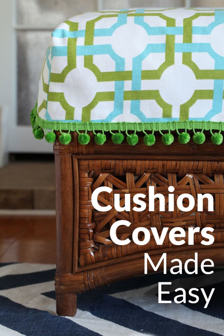 Rattan ottoman with green and white fabric cover. Text overlay says Cushion Covers Made Easy