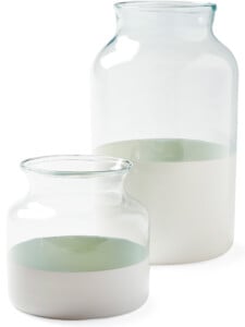 2 clear glass vases dipped in white paint sold by Serena and Lily