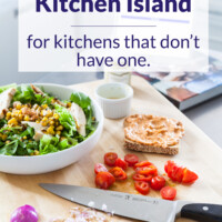 Cutting board with veggies on it. Text overlay says Instant Kitchen Island for kitchens that son't have one.