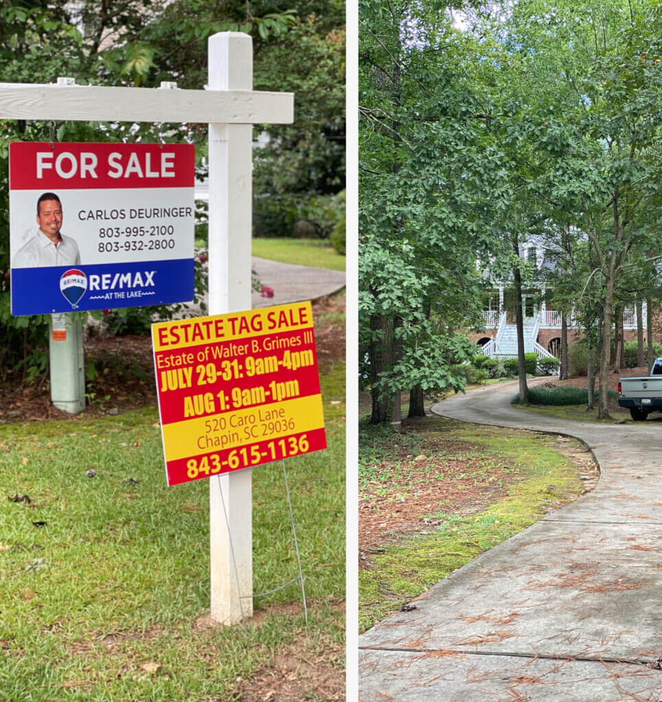 For Sale sign in yard and an Estate Tag Sale sign. Side photo shows winding drive down to house.
