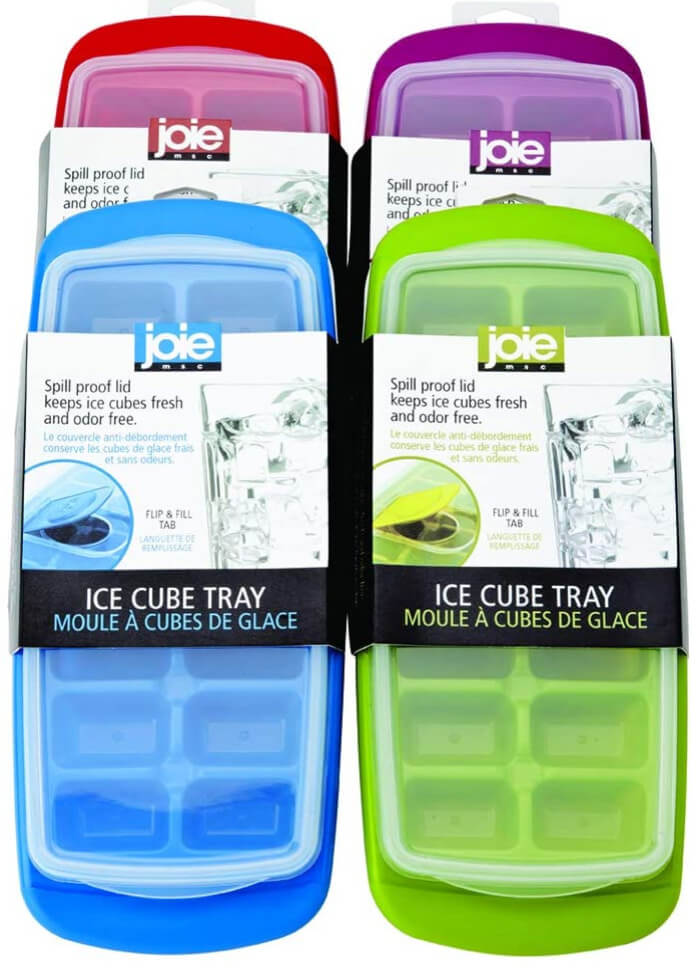 4 different colored ice cube trays with lids. 