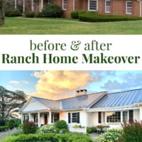 Before and after photos of a red brick ranch house transformed into a white modern farmhouse.