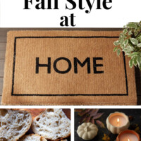 Home doormat, bread and pumpkin candles. Text overlay says Living in fall style at home