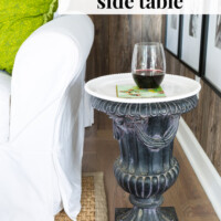 Repurposing idea using a garden urn for a living room end table.