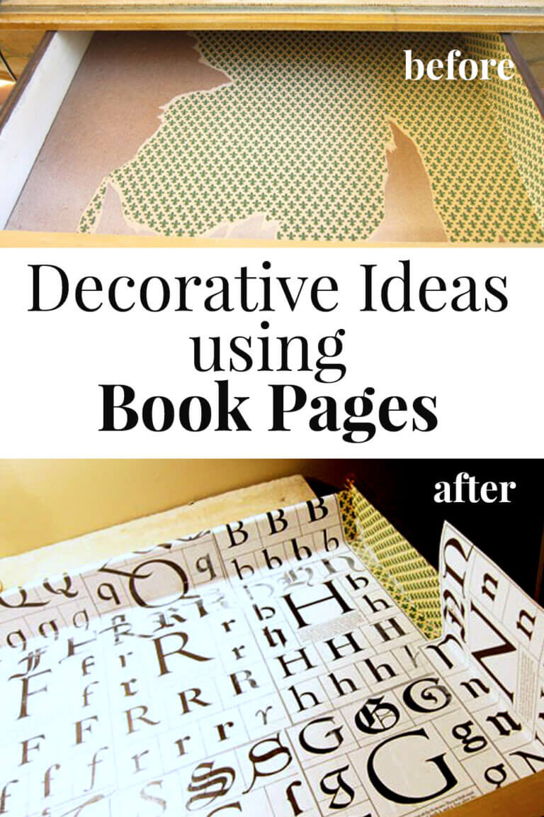 How to use pages from books to line a drawer to make it pretty inside. Text overlay says Decorative Ideas using book pages