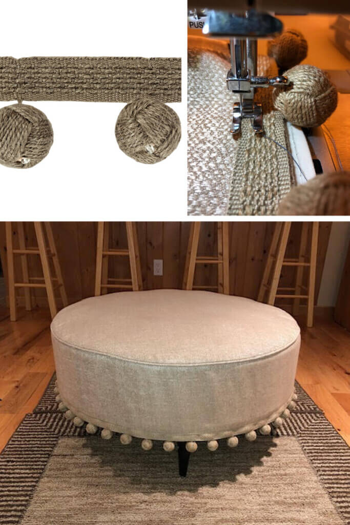 How to make a jute pom pom trimmed  cover for an ottoman. Round ottoman with jute trimmed pom poms around a linen cover.