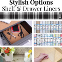5 different colors, patterns and type of shelf liners. Text overlay says Stylish Options Shelf & Drawer Liners