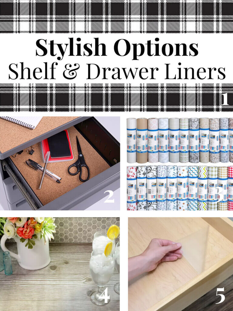 5 different colors, patterns and types of cabinet shelf and drawer liners and papers. Text overlay says Stylish Options Shelf & Drawer Liners
