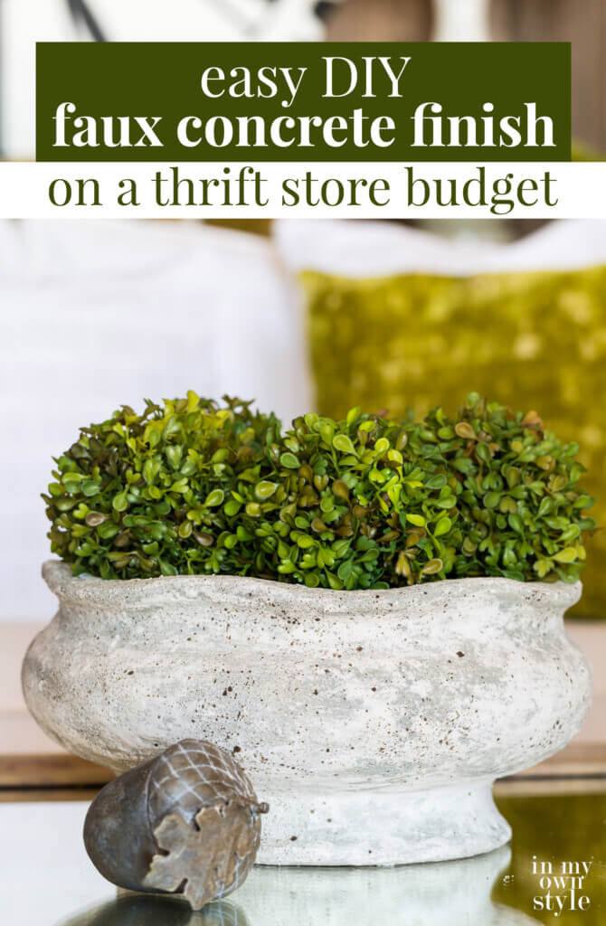 Faux finished ceramic planter now looks like aged concrete. Text overlay says Easy DIY faux concrete on a thrift store budget.