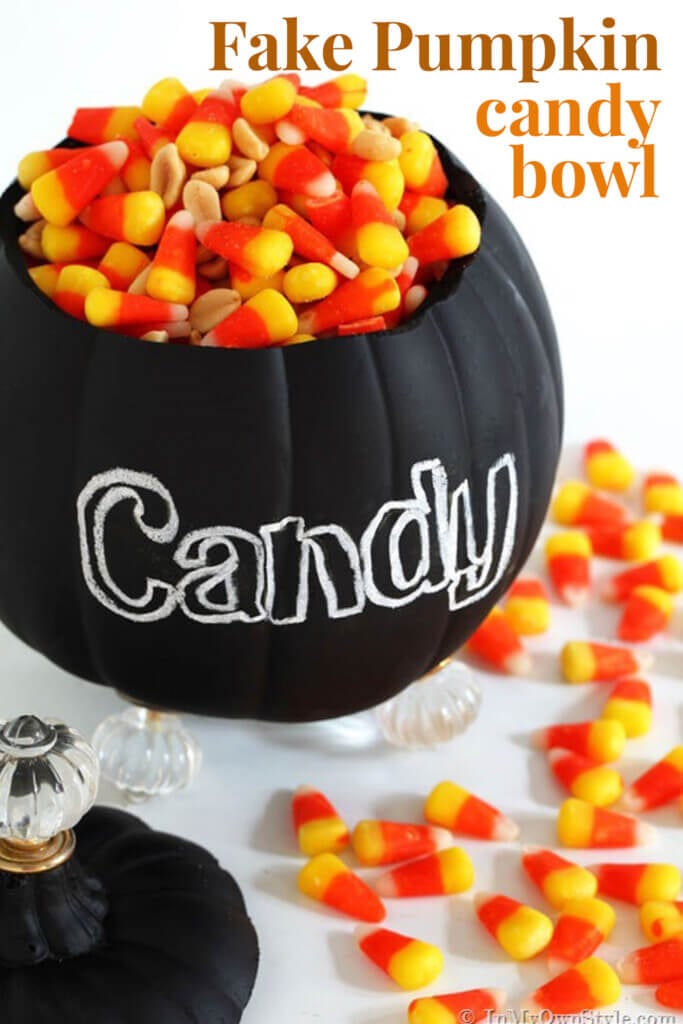 A fake pumpkin made into a candy bowl. Text overlay says Fake Pumpkin Candy bowl.
