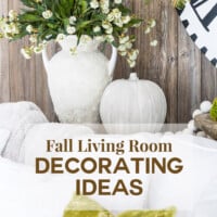 A stone vase and pumpkin on a sofa table with faux barn wood paneling behind them. Text says Fall Living Room Decorating Ideas
