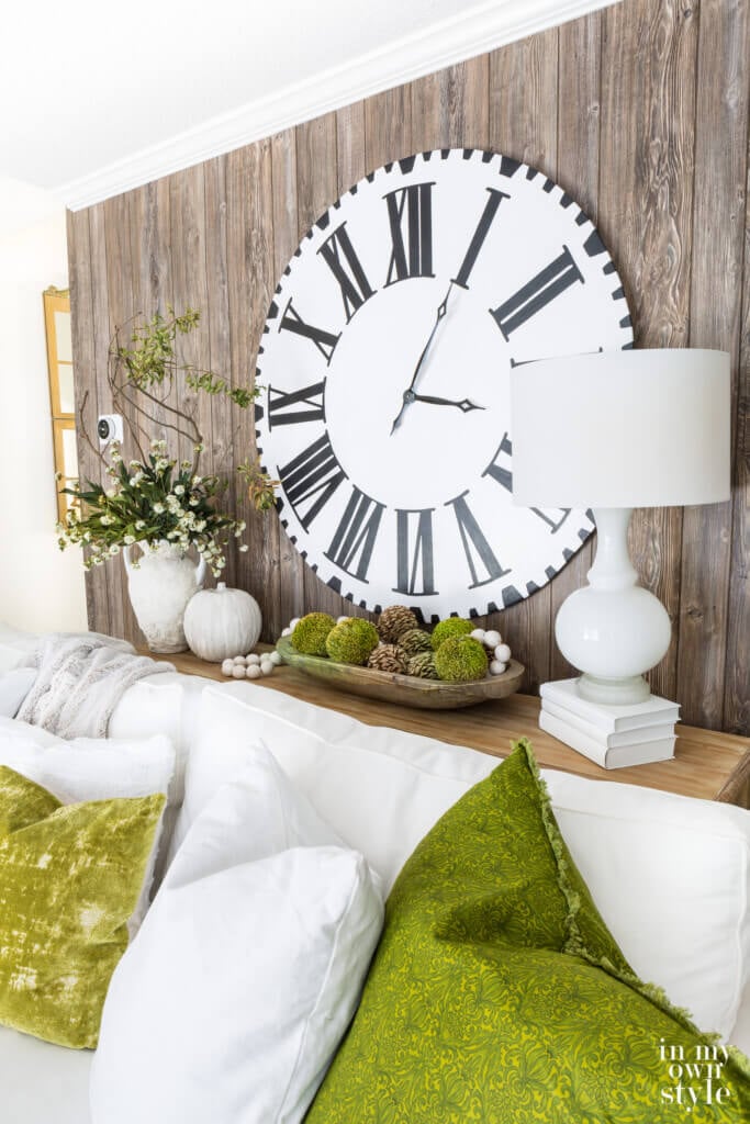 Fall Decor in living room using white and green colors