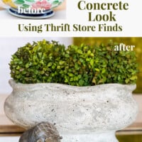 Before and after images of thrift store planter transformation using paint and spackle. Text overlay says How to create a concrete look using thrift store finds.
