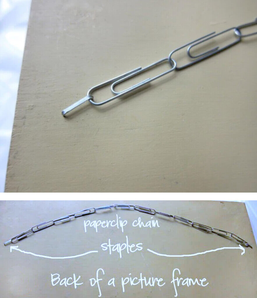 How to repurpose household items like paper clips.  They can be used instead of wire when hanging a picture on a wall.