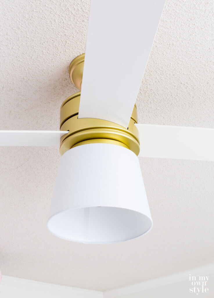 Close up of Hunter Hepburn ceiling fan with DIY replacement for a broken glass globe.