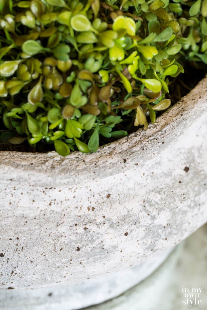 DIy Textured vase close up with greenery.