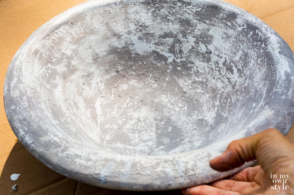 Inside of Pottery Barn Bowl with a painted aged finish to resemble concrete.