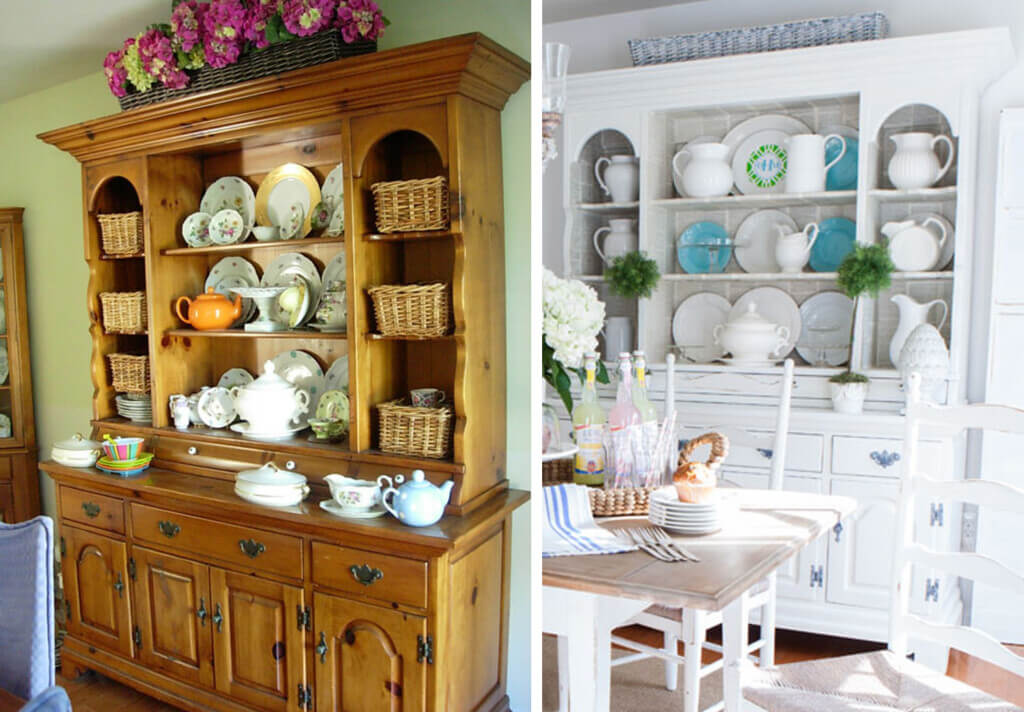 Pine Hutch before and after painting white.