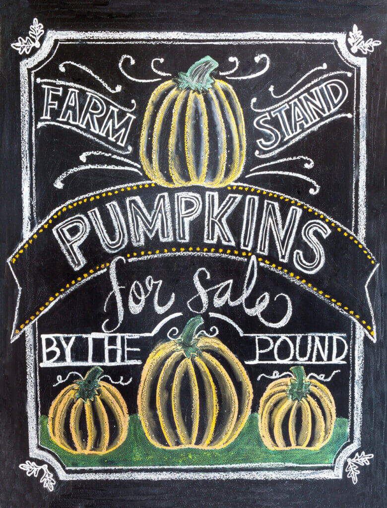 Chalkboard art for fall. Free printable with pumpkins - farm fresh pumpkins for sale by the pound.