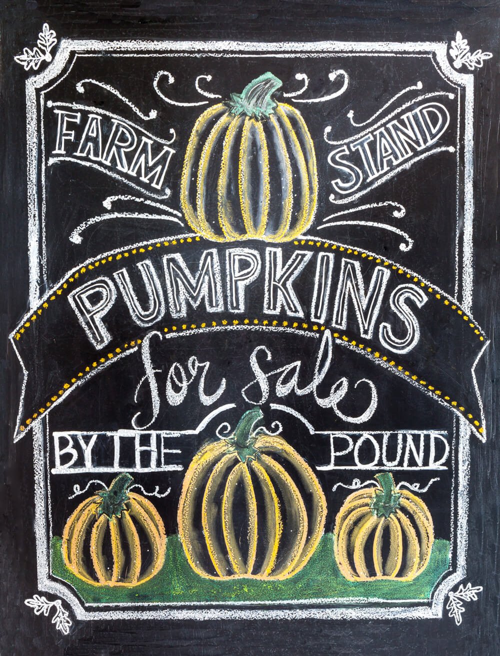 Chalkboard art for fall. Free printable with pumpkins - farm fresh pumpkins for sale by the pound.