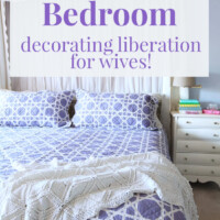 Purple quilt on master bedroom bed. Text overlay says Master Bedroom decorating liberation for wives!