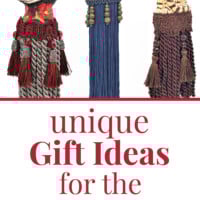 Salt and paper shaker decorative tassels. Text overlay says Unique Gift ideas fo the home