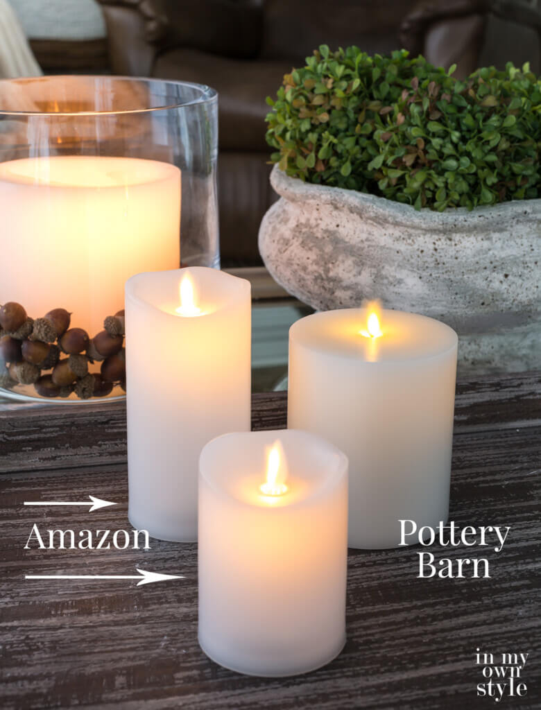 3 flicker candles on a table from Amazon and Pottery Barn