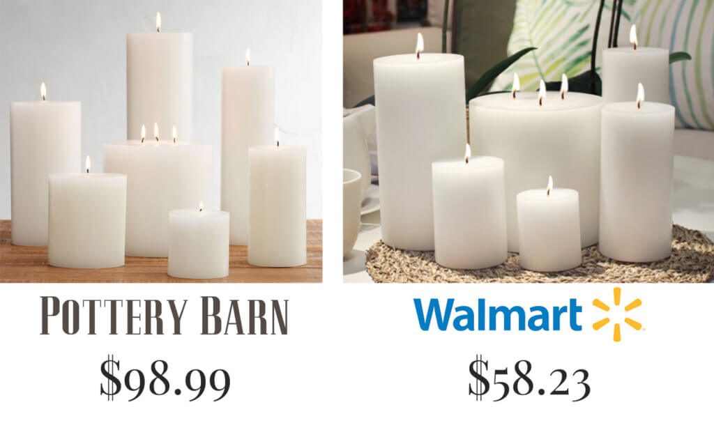 Comparison of price for a collection of white unscented candles from Pottery Barn and Walmart. Pottery Barn cost for the same color and size candle is 98.99. Walmart is $58.23