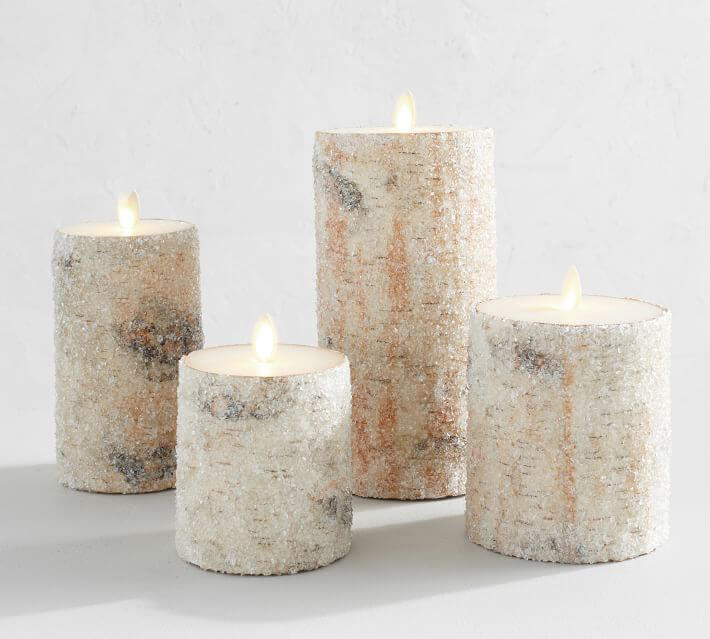 4 Pottery Barn premium-flickering-flameless-sugared-birch-pillar-candles