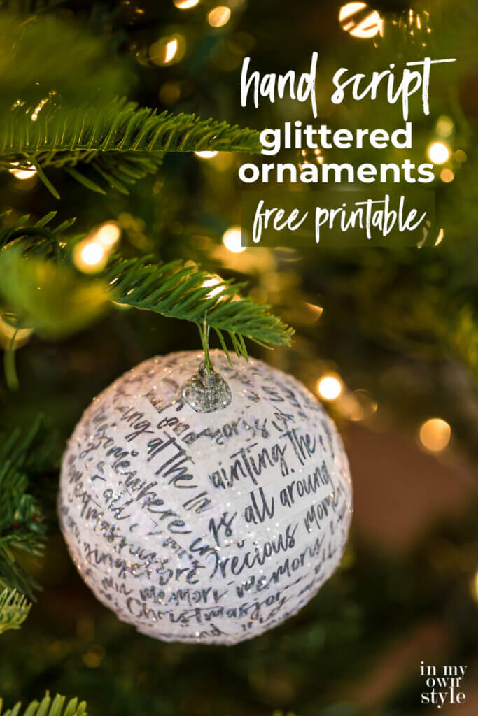 How to transform a ball Christmas ornament using glitter and paper strips of hand writing script paper with the lyrics from the classic Christmas movie Home Alone. Free printable to use to make your own ornaments. 