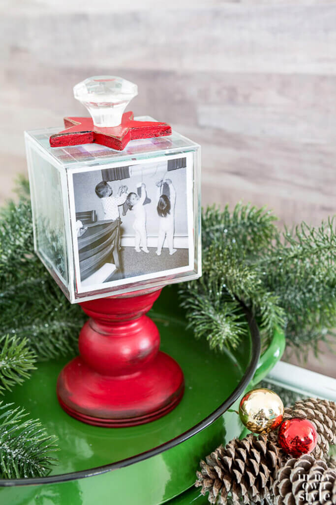 Christmas pedestal photo cube on green tray