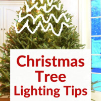 How to put strings of lights on a Christmas tree the easy way. Photo of a Christmas tree with weave pattern on it to show stinging technique.