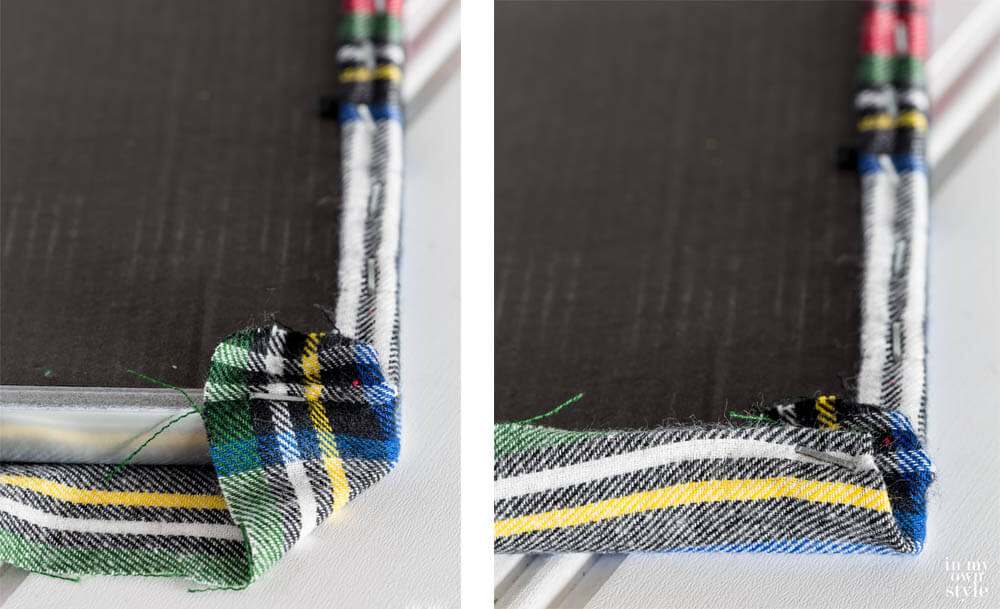 Close up photos showing how to staple fabric around the corners of a photo frame.