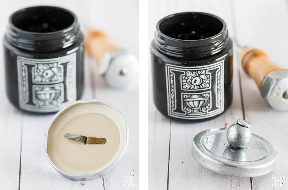 Side by side images of jar turned into a match holder. One photo shows underside of lid with brass fastener and the other one shows the top being held on with the top of the fastener and a silver bead.