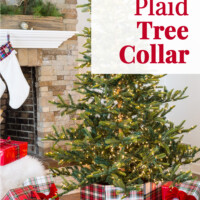 Plaid wrap around Christmas tree collar around tree. Text overlay says Mad for Plaid Tree Collar