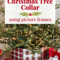 Plaid Christmas tree collar around lit tree. Text overlay says Christmas Tree Collar using picture frames
