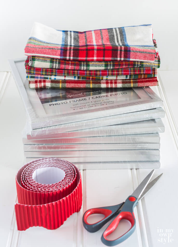 supplies needed to make a DIY fabric wrapped photo frame Christmas tree collar.