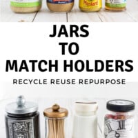 two photos, one showing food jars the other how the jars were repurposed into match holders.