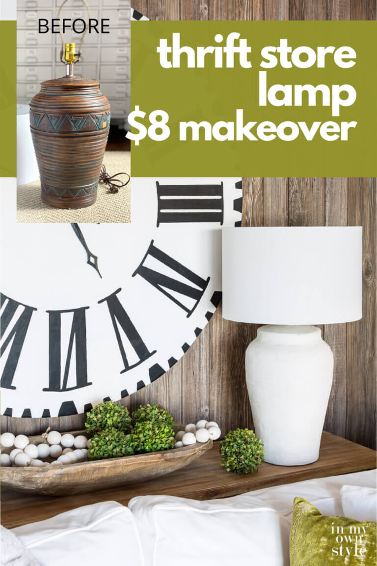 DIY makeover of an ugly table lamp. After image of the newly transformed lamp on a sofa table. Text overlay says Thrift store lamp $8 makeover