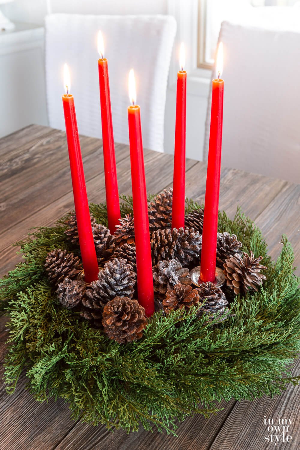 Decorating with Christmas Candles and pine cones