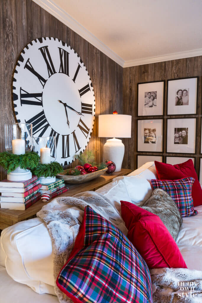Christmas decorated living room using red and plaid.