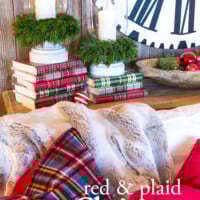 Red and plaid Christmas decorated living room.