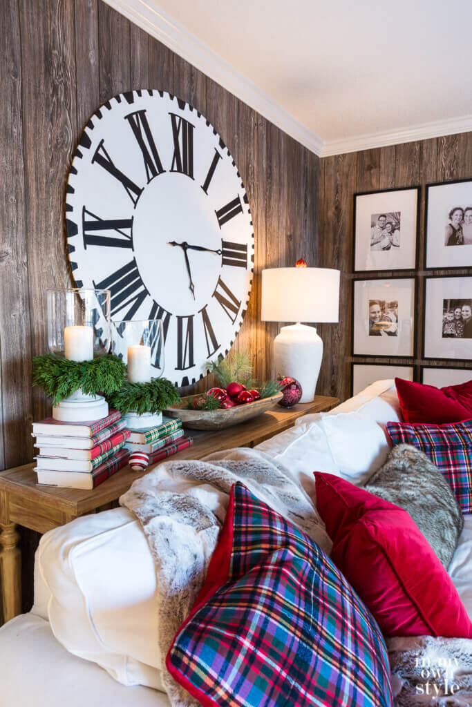 Christmas decorated living room using red and plaid.