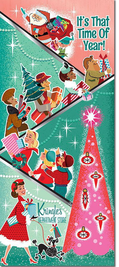 Vintage Christmas Card of shoppers
