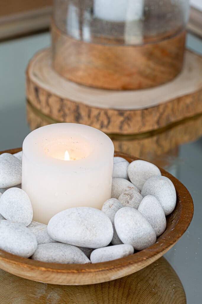 Winter Decorating Ideas for tables. Rocks in bowls with a candle.