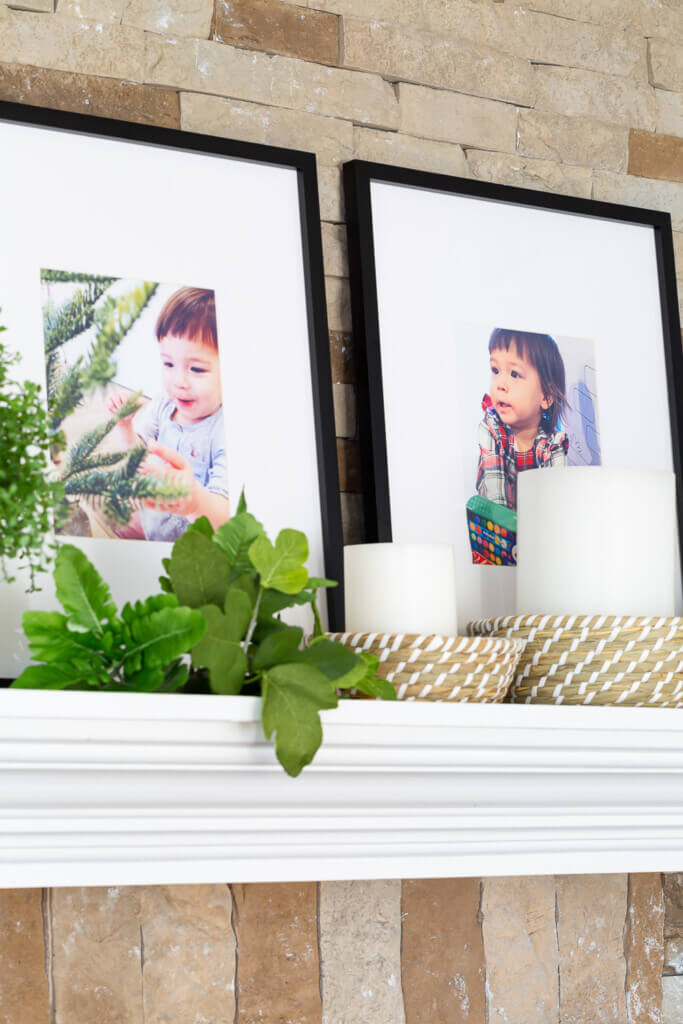 Decorating ideas using family photos on a mantel.