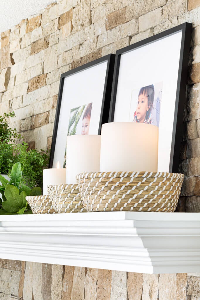 Winter Decorating on a mantel with Candles