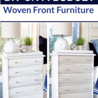 Before and after images of a small dresser made over to have woven drawer fronts.