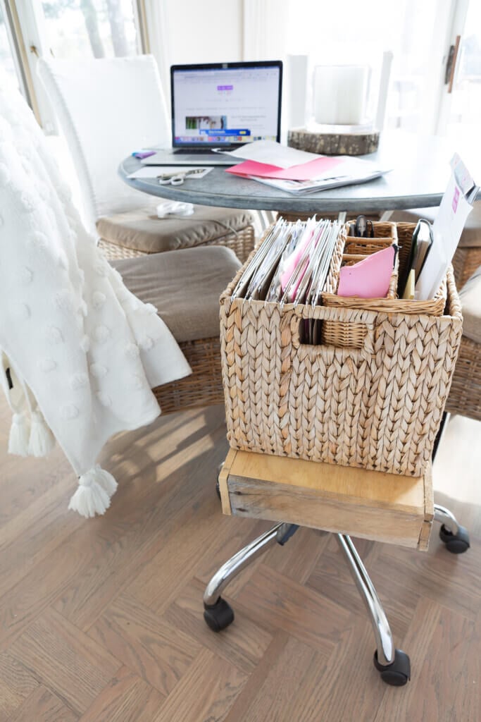 Work from home in the kitchen using this creative file storage idea. A rolling file folder to keep you organized.