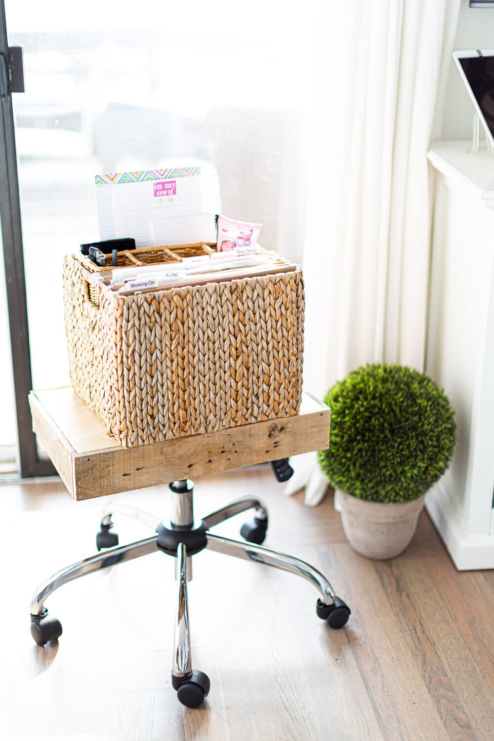 Completed office chair makeover to mobile file folder holder to use when working from home.